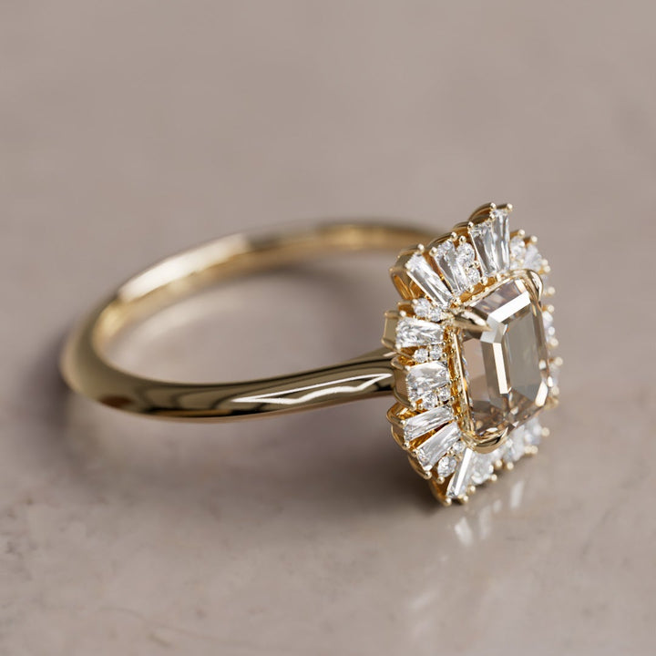 Elowen 1.06ct Emerald Cut Cognac Diamond Vintage Fantasy Halo Engagement Ring (Ready to Ship) By Valley Rose