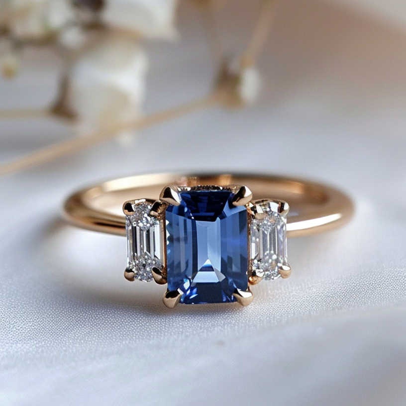 Emerald Cut Blue Sapphire Ethical Engagement Ring Three Stone By Valley Rose