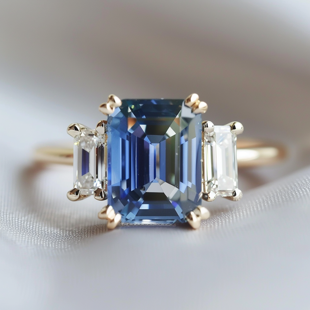 Emerald Cut Blue Sapphire Ethical Engagement Ring Three Stone By Valley Rose