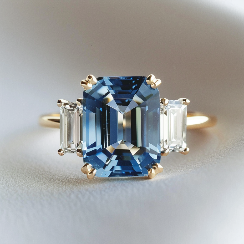 Emerald Cut Blue Sapphire Ethical Engagement Ring Three Stone By Valley Rose