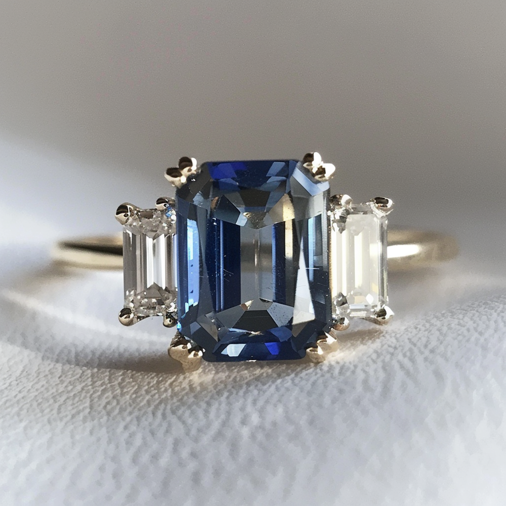 Emerald Cut Blue Sapphire Ethical Engagement Ring Three Stone By Valley Rose