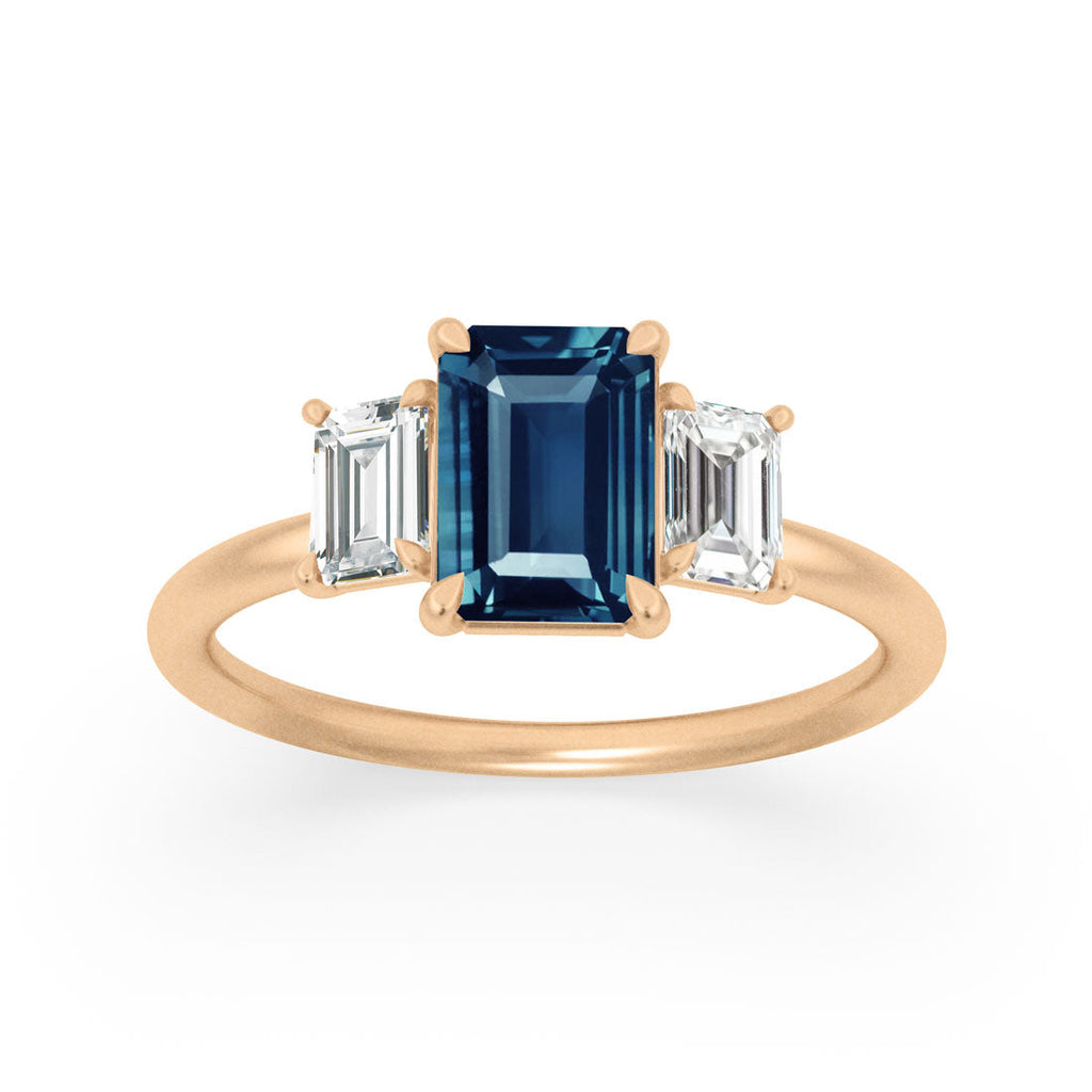 Emerald Cut Blue Sapphire Ethical Engagement Ring Three Stone By Valley Rose