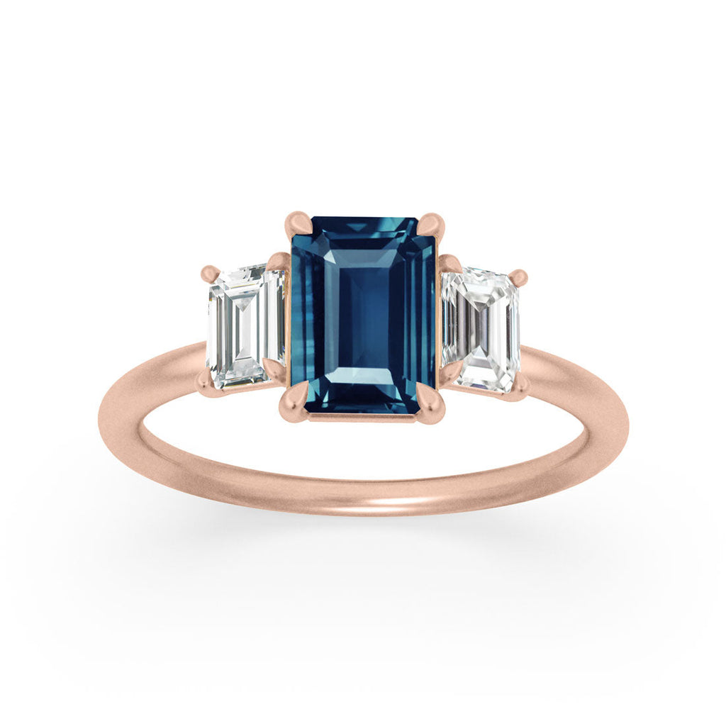 Emerald Cut Blue Sapphire Ethical Engagement Ring Three Stone By Valley Rose