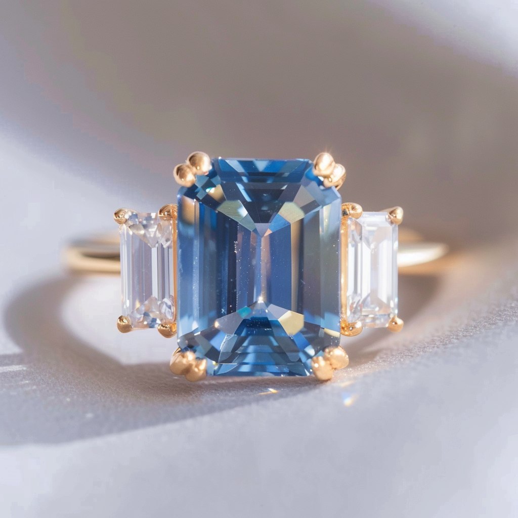 Emerald Cut Blue Sapphire Ethical Engagement Ring Three Stone By Valley Rose