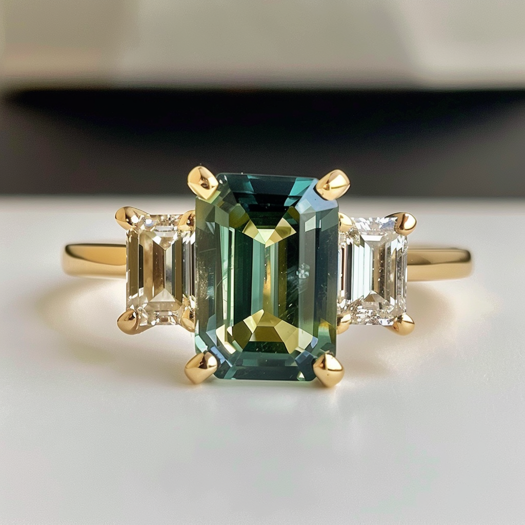 Emerald Cut Green Sapphire Ethical Engagement Ring Three Stone By Valley Rose