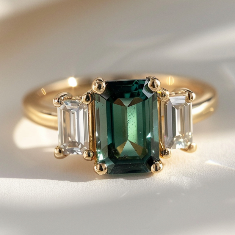 Emerald Cut Green Sapphire Ethical Engagement Ring Three Stone By Valley Rose