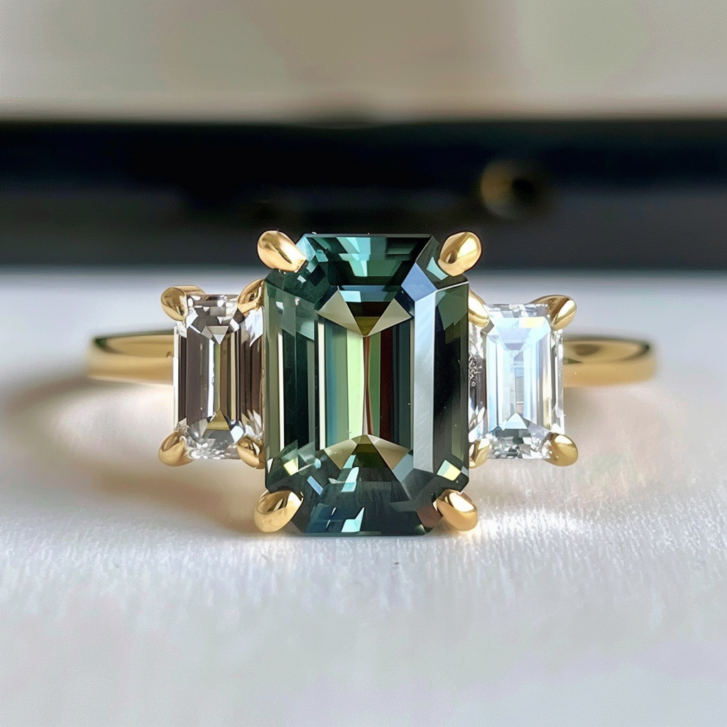 Emerald Cut Teal Sapphire Ethical Engagement Ring Three Stone By Valley Rose