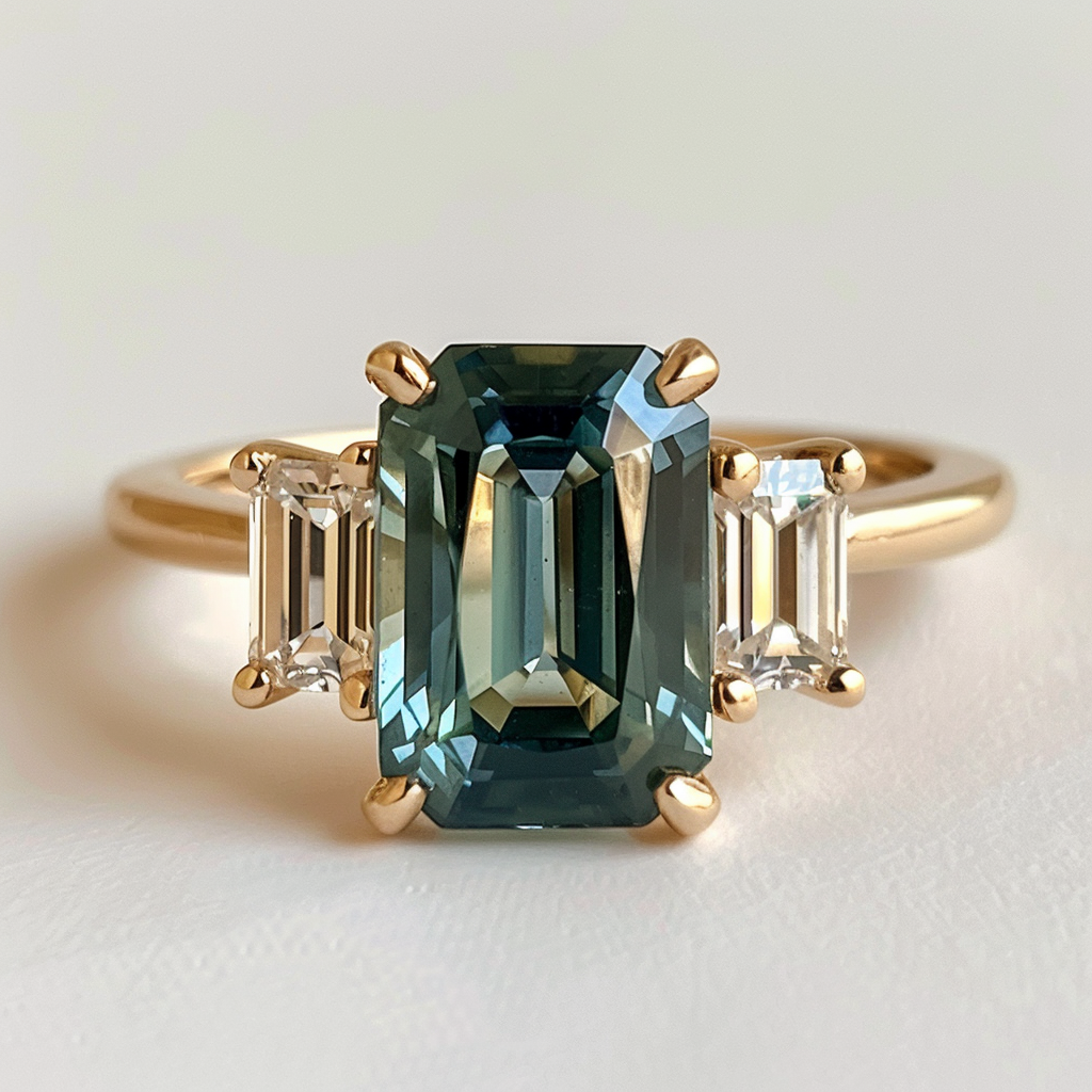 Emerald Cut Teal Sapphire Ethical Engagement Ring Three Stone By Valley Rose