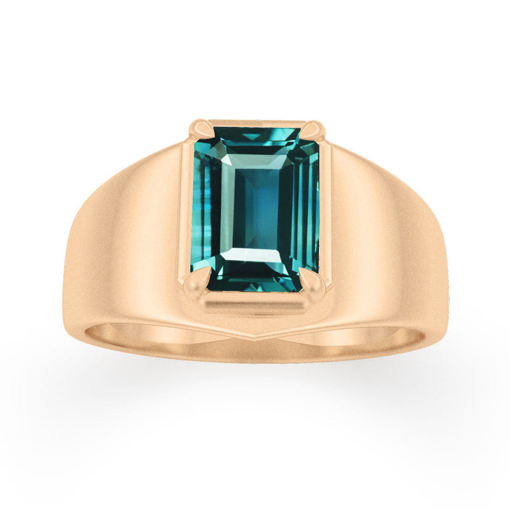 Emerald Cut Teal Sapphire Wide Band Ring By Valley Rose