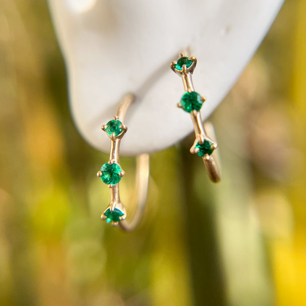 Emerald Gold 3 Stone Hoops, Orion's Belt Constellation By Valley Rose