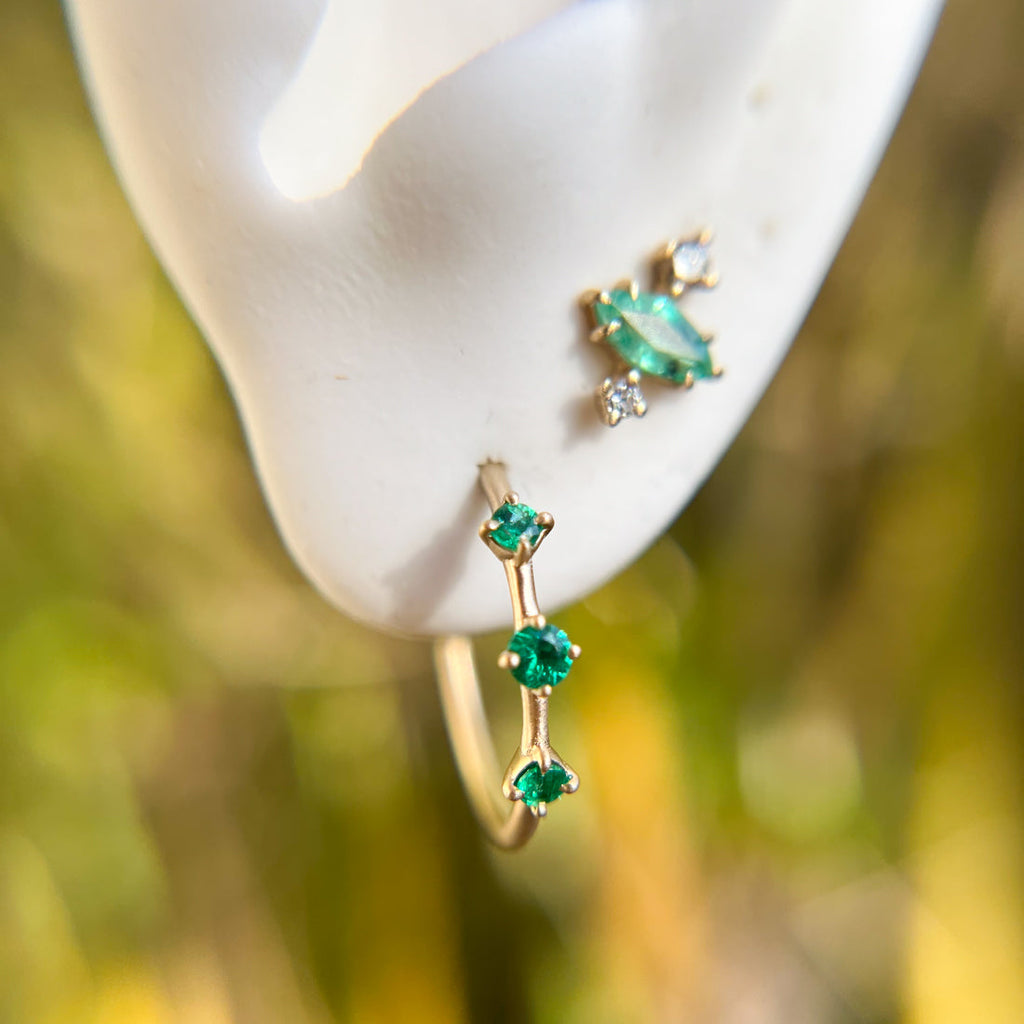 Emerald Gold 3 Stone Hoops, Orion's Belt Constellation By Valley Rose