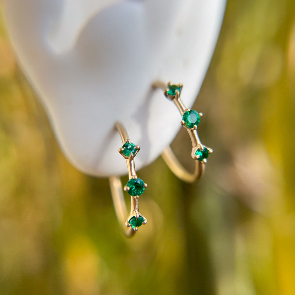 Emerald Gold 3 Stone Hoops, Orion's Belt Constellation By Valley Rose