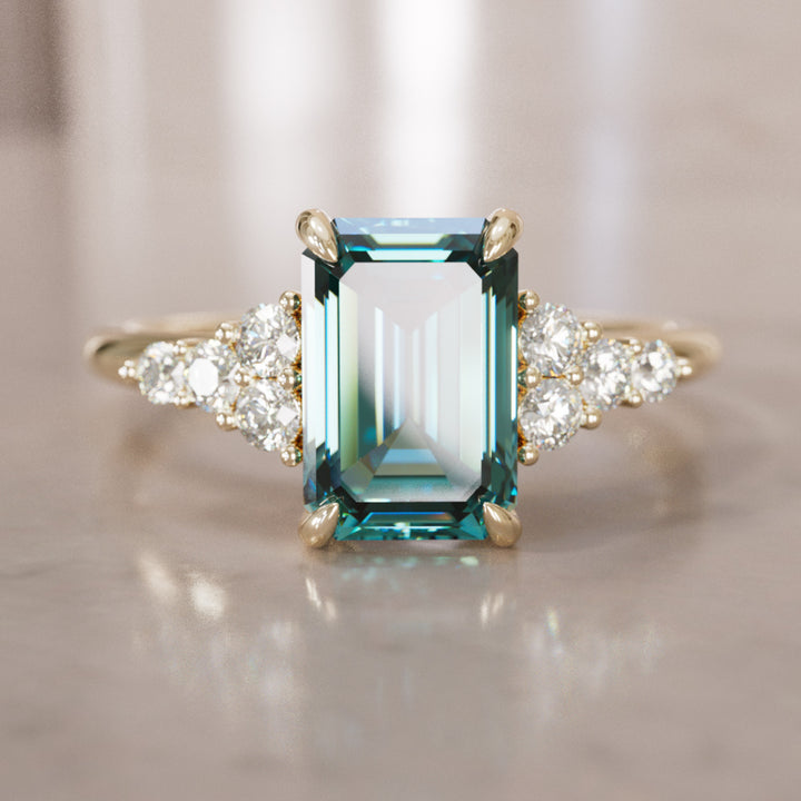 Unique Engagement Ring Five Stone Emerald Cut Teal Sapphire and Diamonds By Valley Rose
