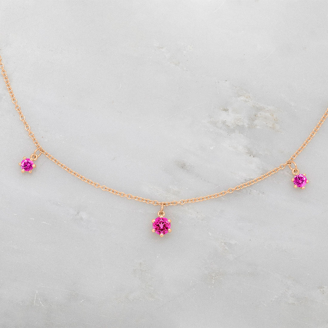 Pink Ruby Fringe 3 Charm Gold Necklace By Valley Rose Ethical Jewelry