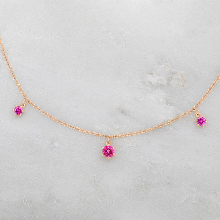 Pink Ruby Fringe 3 Charm Gold Necklace By Valley Rose Ethical Jewelry