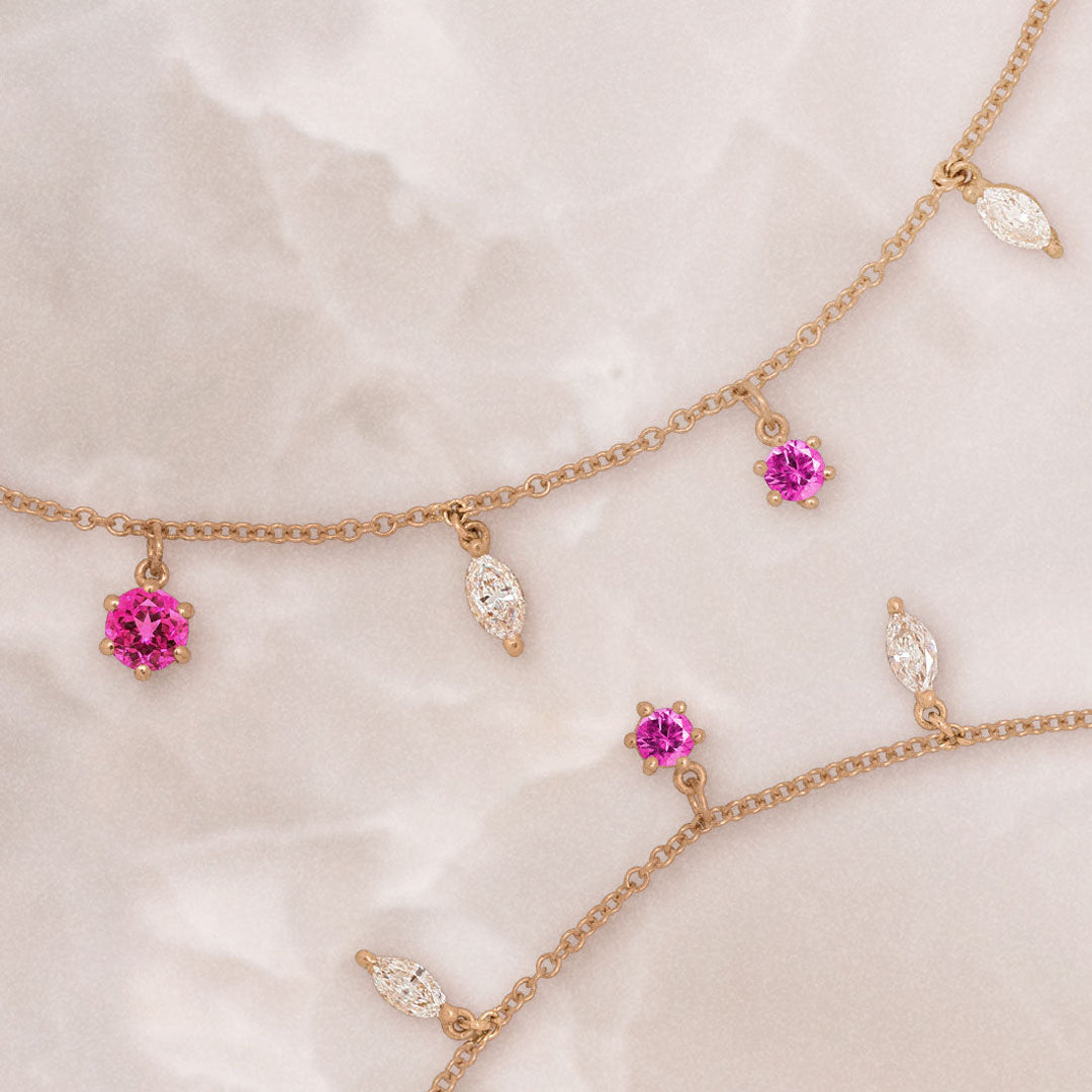 Pink Ruby and Marquise Diamond Fringe Charm Gold Necklace By Valley Rose Ethical Jewelry