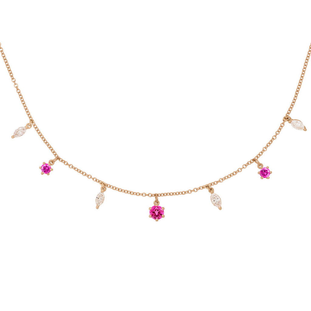 Pink Ruby and Marquise Diamond Fringe Charm Gold Necklace By Valley Rose Ethical Jewelry
