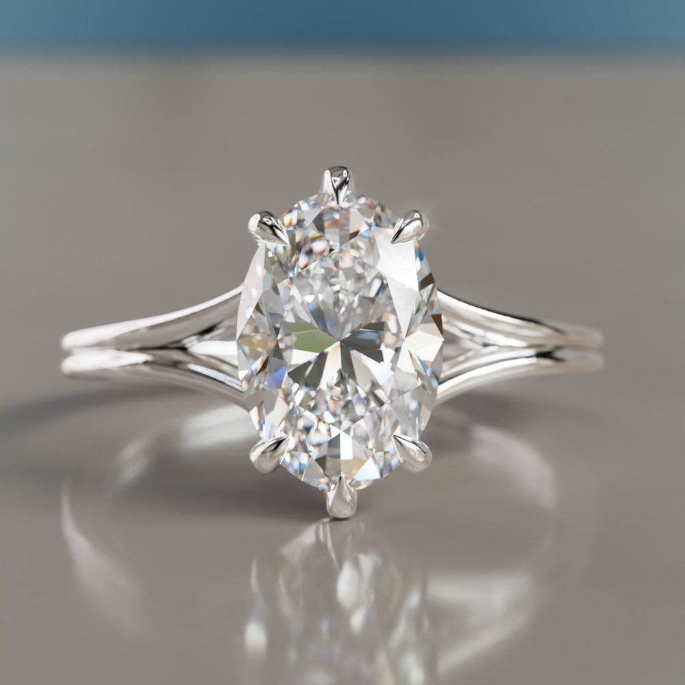 Unique Split Shank Oval Lab Created Diamond Engagement Ring By Valley Rose