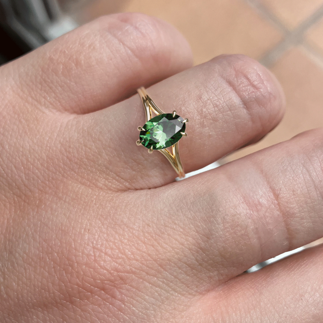 Esra Oval Green Sapphire Modern Unique Split Shank Engagement Ring By Valley Rose