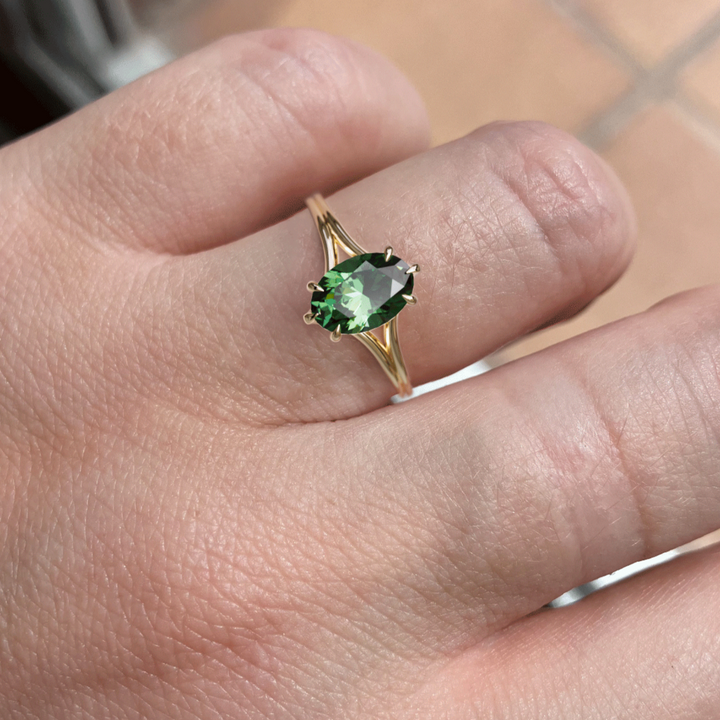 Esra Oval Green Sapphire Modern Unique Split Shank Engagement Ring By Valley Rose