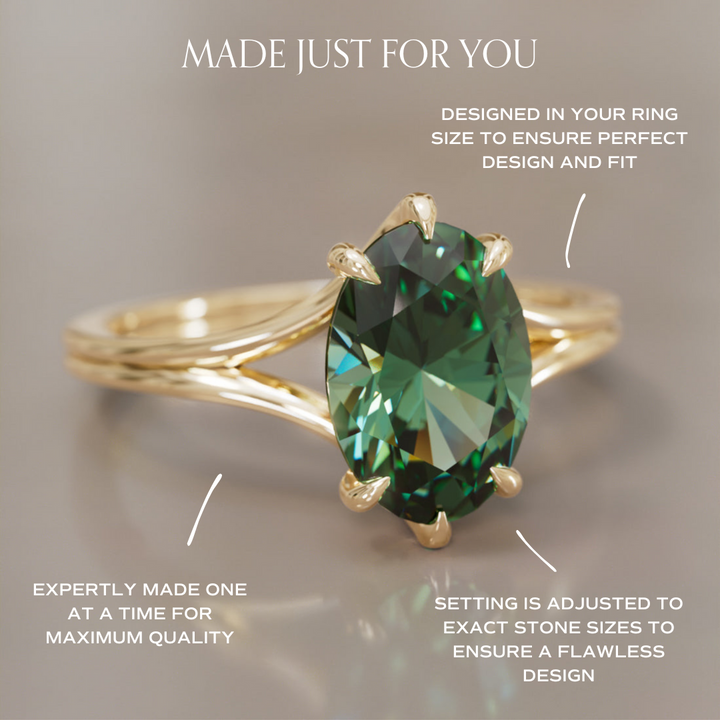 Esra Oval Grøn Safir Moderne Unik Delt Skaft Forlovelsesring
