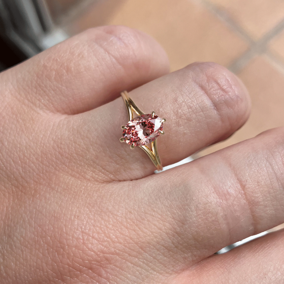 Esra Oval Pink Lab Diamond Modern Unique Split Shank Engagement Ring By Valley Rose
