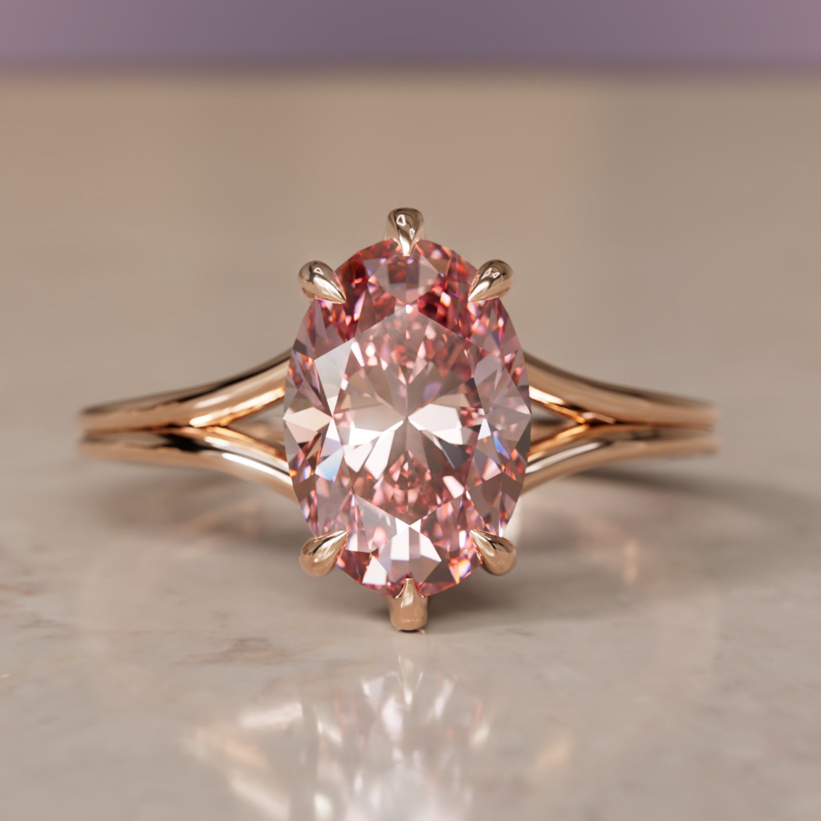 Esra Oval Pink Lab Diamond Modern Unique Split Shank Engagement