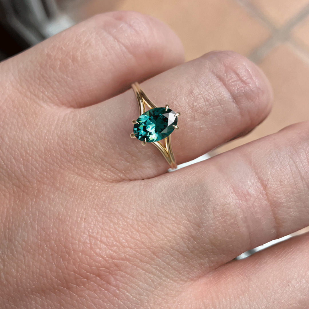 Esra Oval Teal Sapphire Modern Unique Split Shank Engagement Ring By Valley Rose