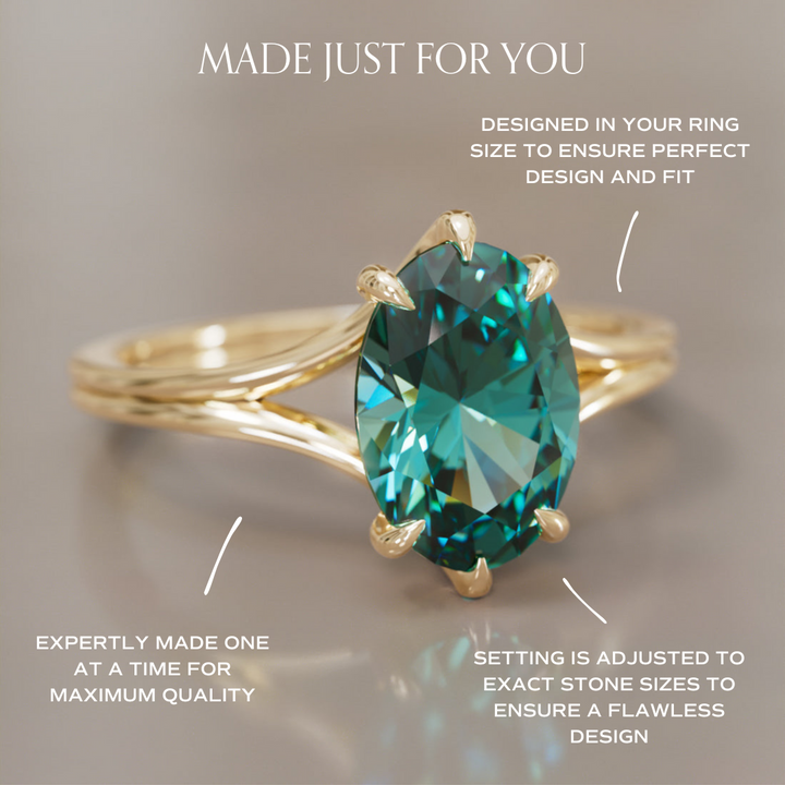 Esra Oval Teal Safir Moderne Unik Delt Skaft Forlovelsesring