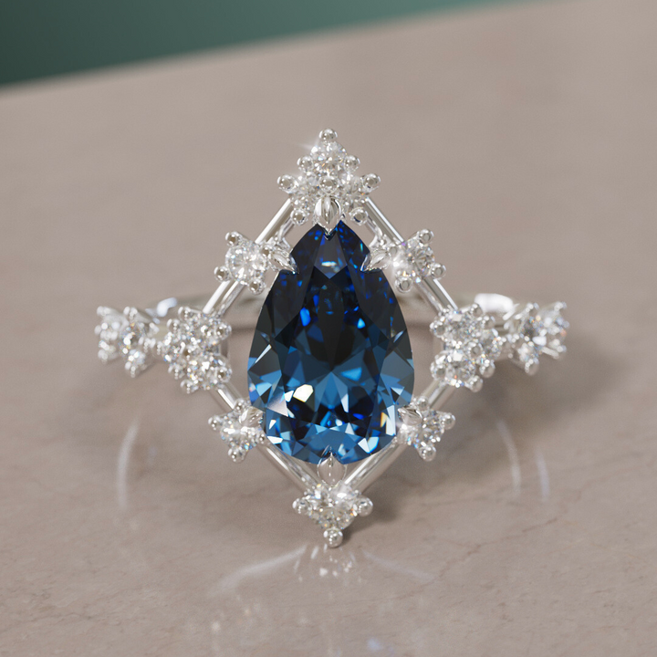 Unique Halo Engagement Ring with Pear Teal Sapphire By Valley Rose