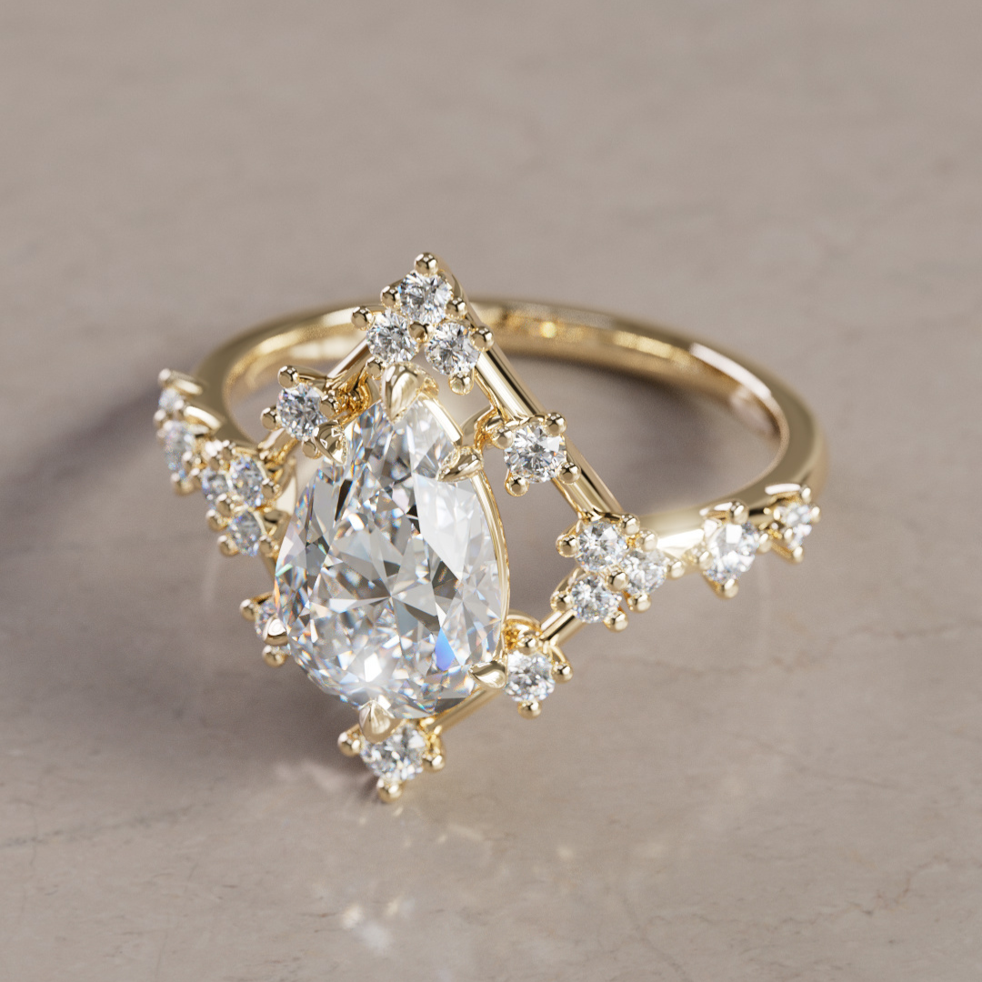 Celestial Engagement Ring Round shape with Diamond Halo and 2ct Round Diamond By Valley Rose