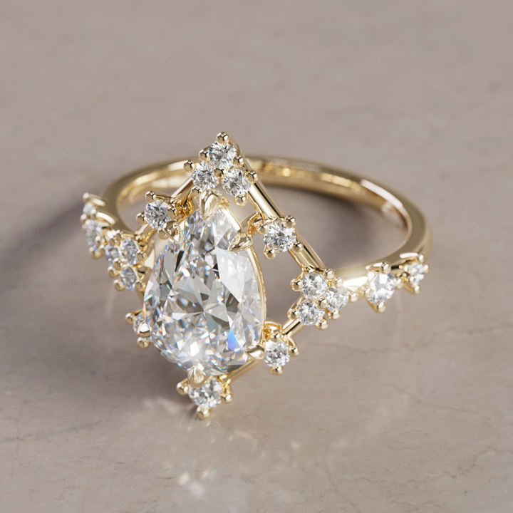 Celestial Engagement Ring Round shape with Diamond Halo and 2ct Round Diamond By Valley Rose