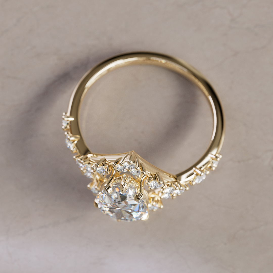 Celestial Engagement Ring Round shape with Diamond Halo and 2ct Round Diamond By Valley Rose