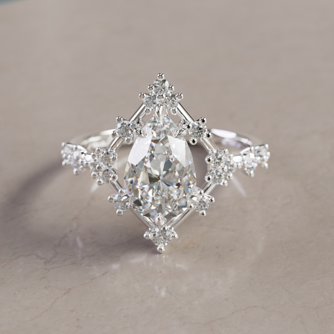 Celestial Engagement Ring Round shape with Diamond Halo and 2ct Round Diamond By Valley Rose