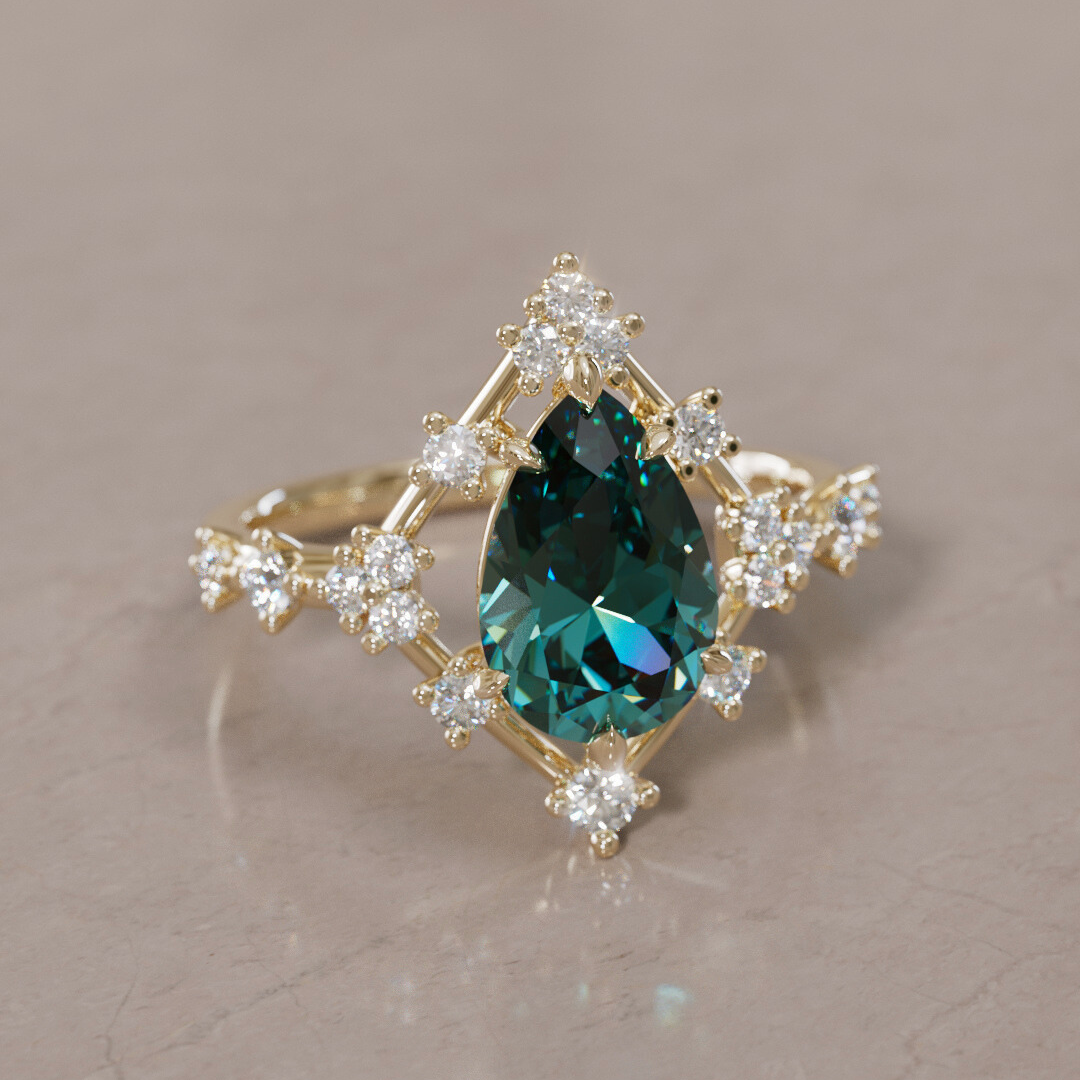 Unique Halo Engagement Ring with Pear Teal Sapphire By Valley Rose