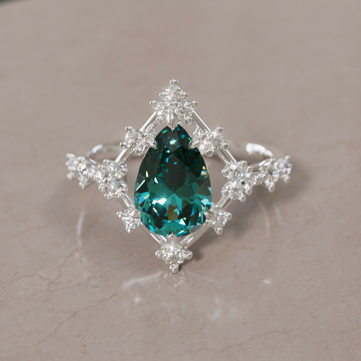 Unique Halo Engagement Ring with Pear Teal Sapphire By Valley Rose
