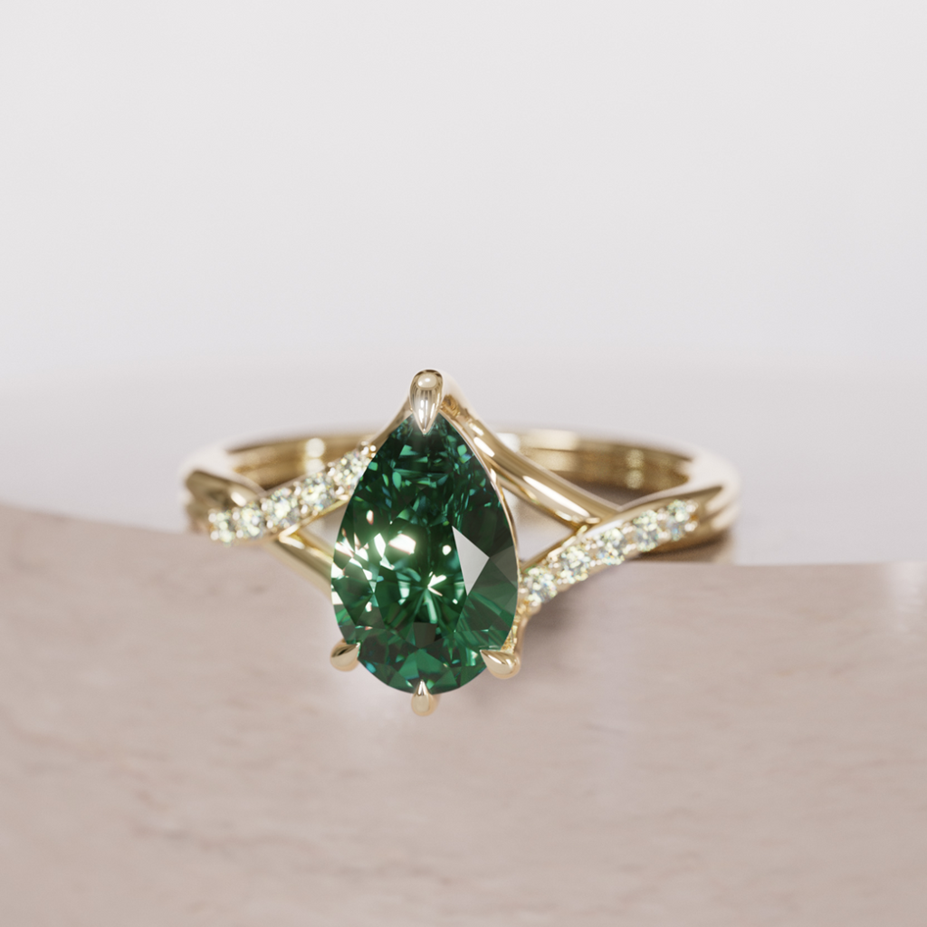 Fairytale Engagement Ring with Pear Green Sapphire Diamond Crossover By Valley Rose