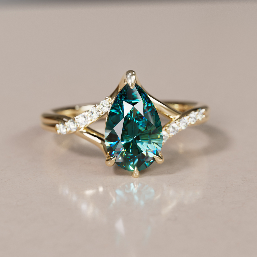 Fairytale Engagement Ring with Pear Teal Sapphire and split shank By Valley Rose