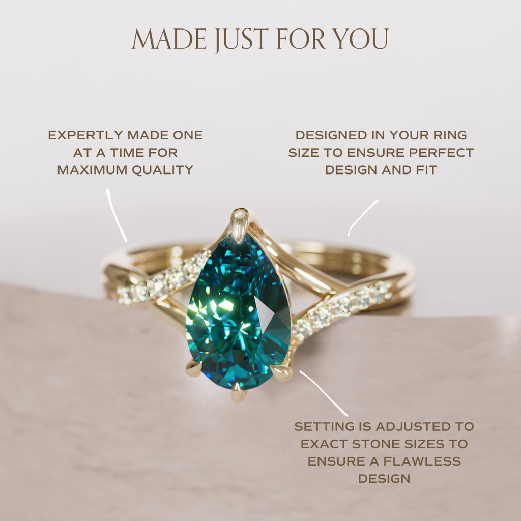 Fairytale Engagement Ring with Pear Teal Sapphire and split shank By Valley Rose