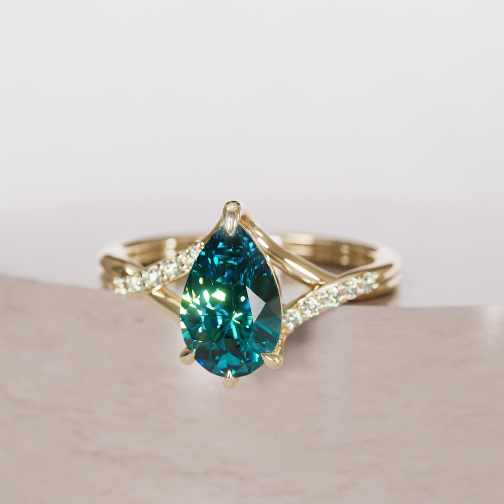 Fairytale Engagement Ring with Pear Teal Sapphire and split shank By Valley Rose