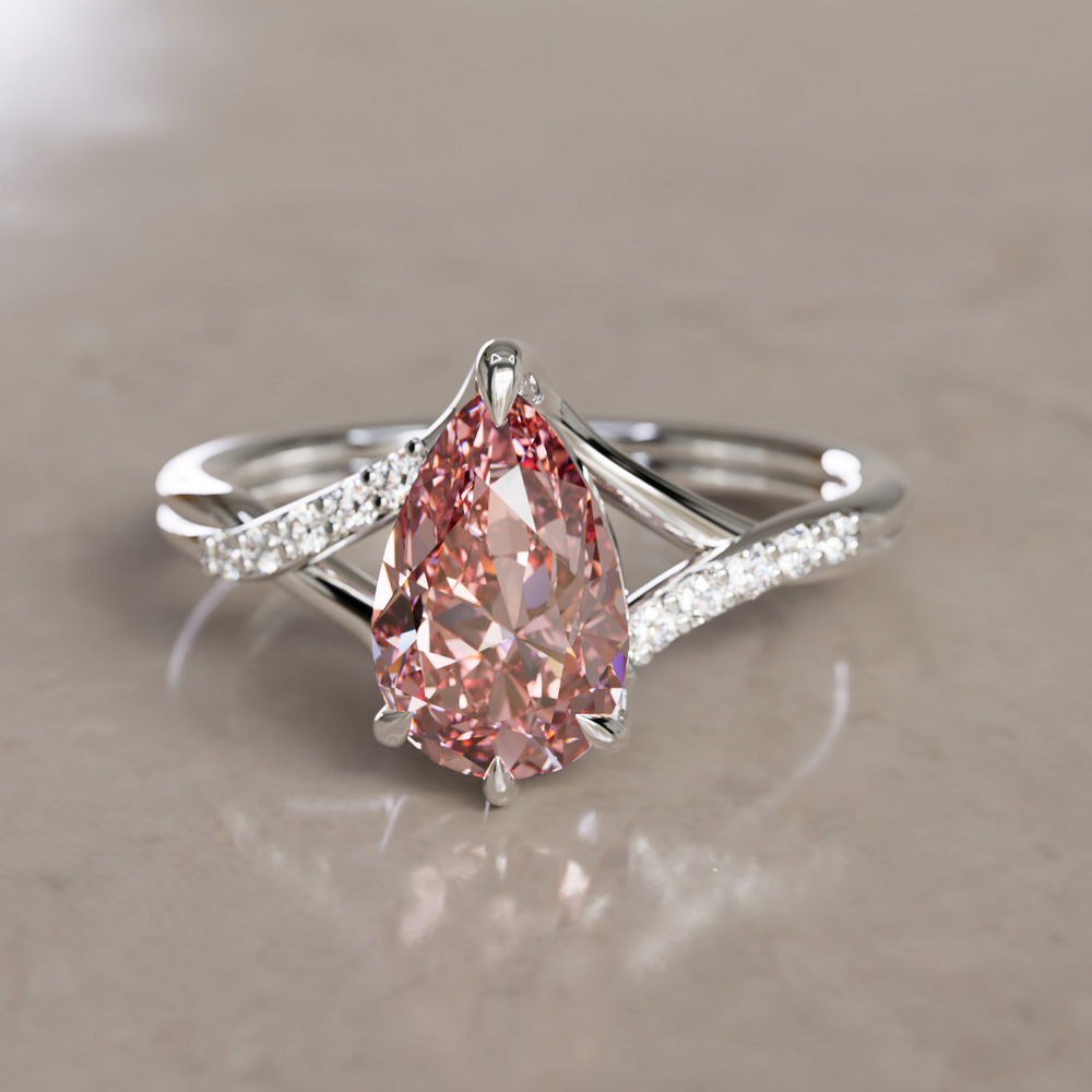 Fairytale Pear Engagement Ring with Pink Diamond and Split Shank By Valley Rose