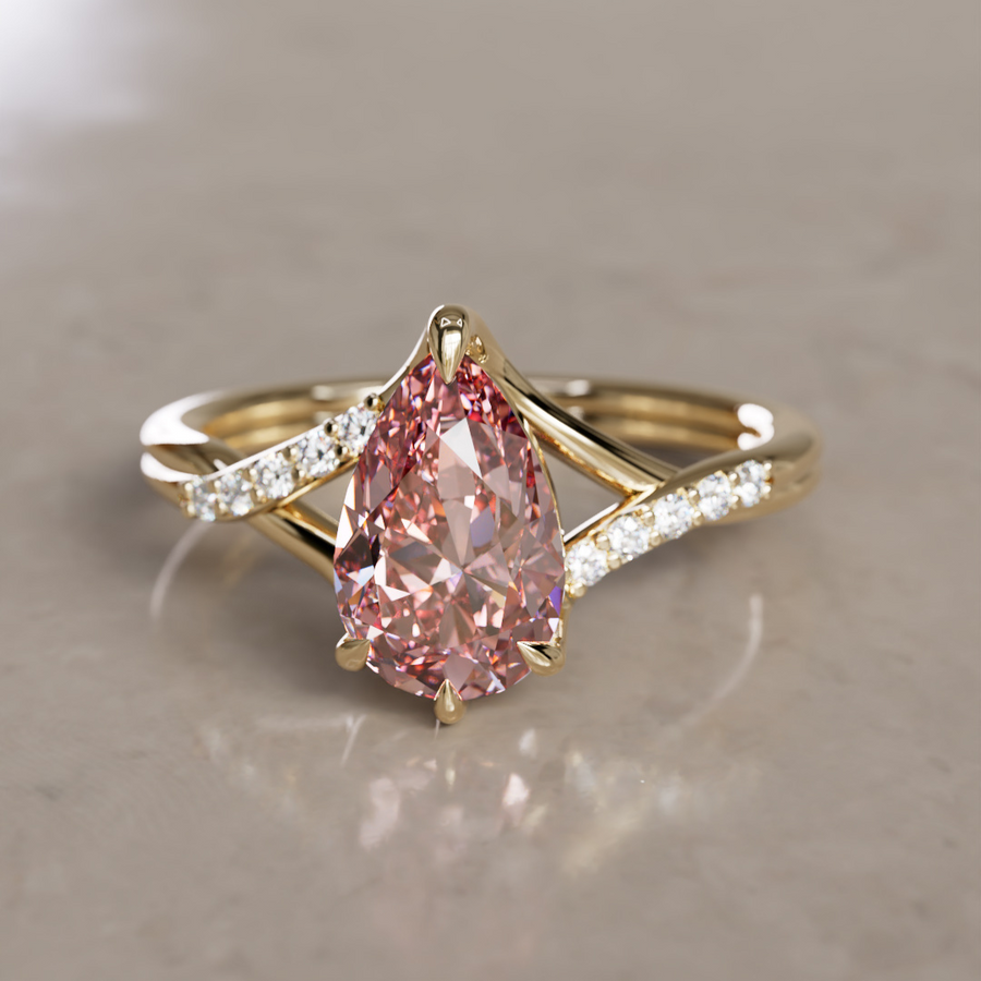 Fairytale Pear Engagement Ring with Pink Diamond and Split Shank By Valley Rose