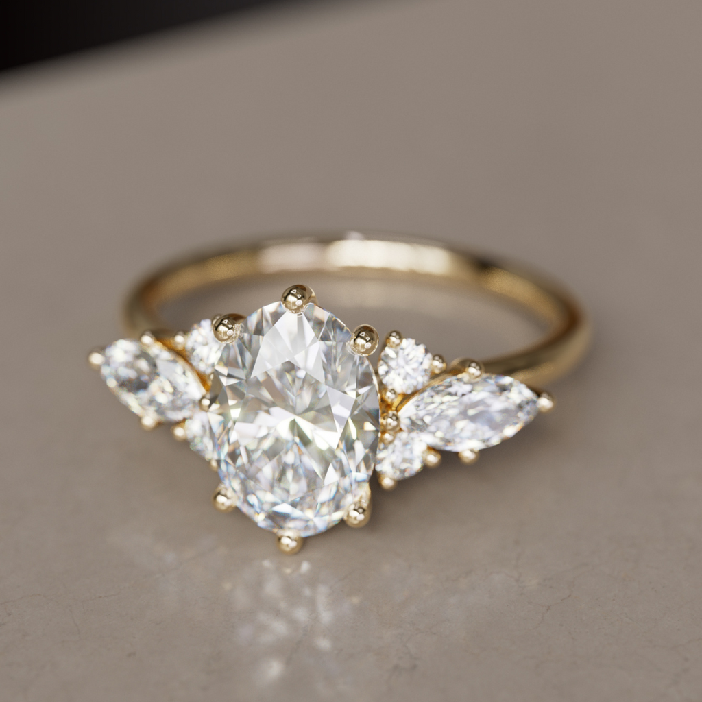 Fantasy Engagement Ring with Oval Diamond and Marquise Diamonds By Valley Rose