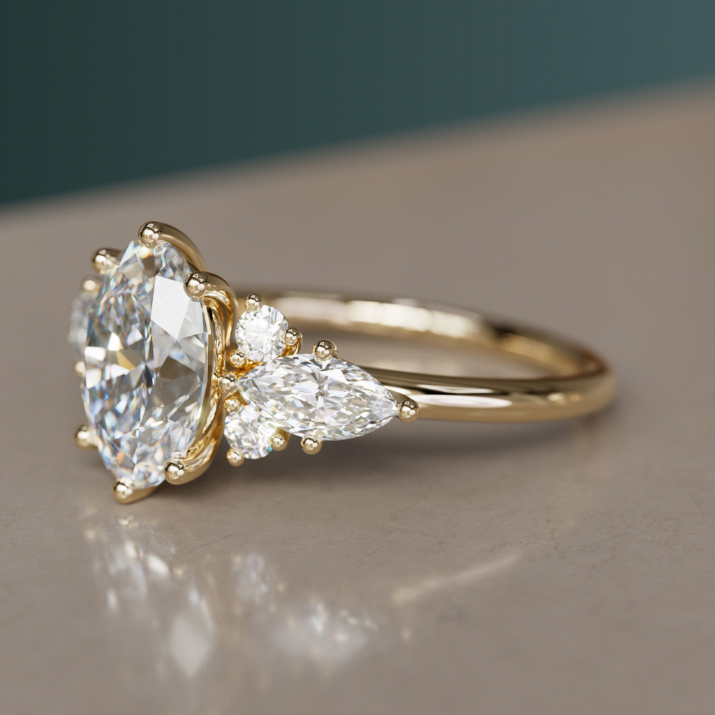 Fantasy Engagement Ring with Oval Diamond and Marquise Diamonds By Valley Rose