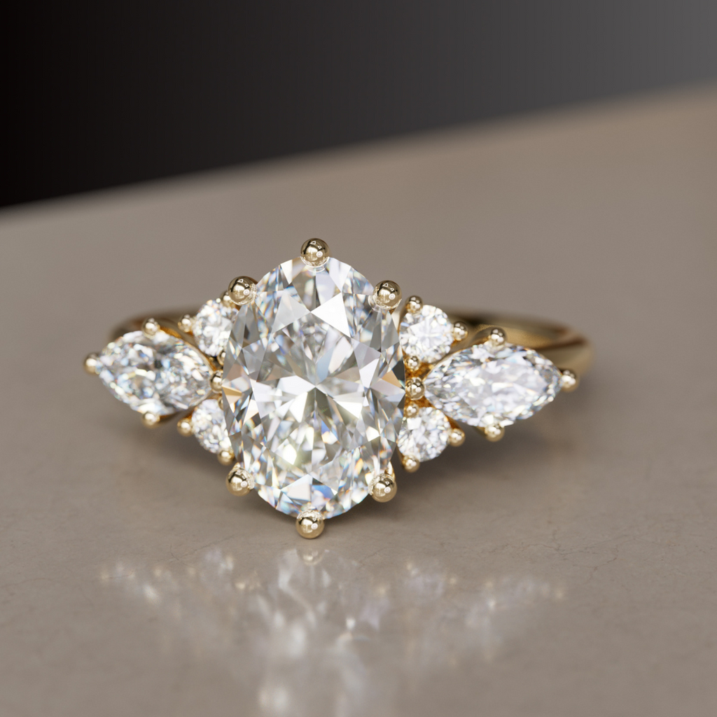 Fantasy Engagement Ring with Oval Diamond and Marquise Diamonds By Valley Rose