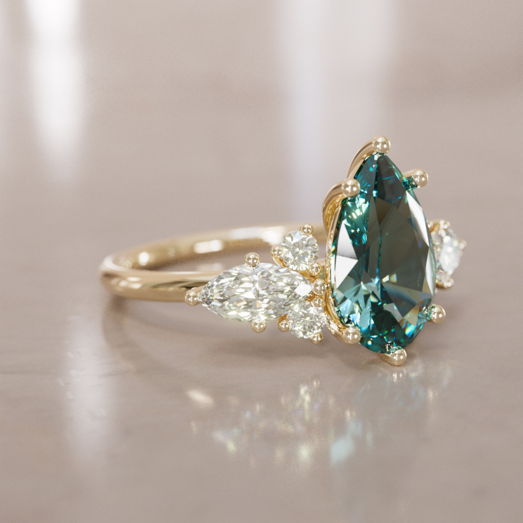 Fantasy Engagement Ring with Pear Shape Teal Sapphire and Diamonds By Valley Rose