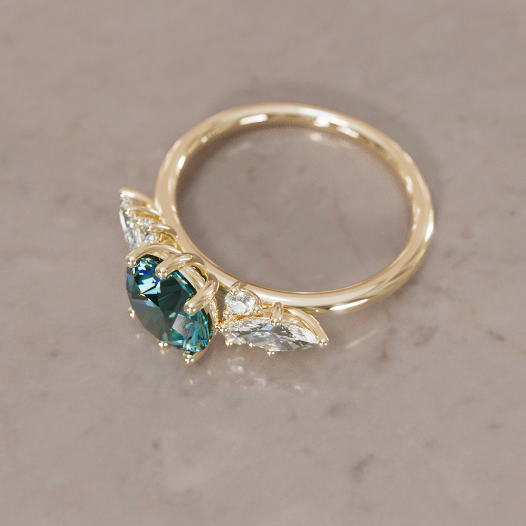 Fantasy Engagement Ring with Pear Shape Teal Sapphire and Diamonds By Valley Rose