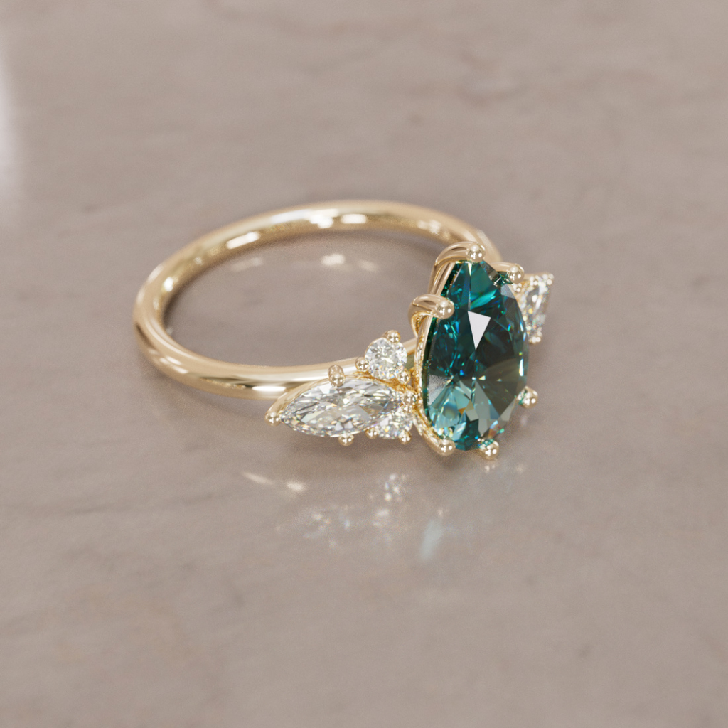 Fantasy Engagement Ring with Pear Shape Teal Sapphire and Diamonds By Valley Rose