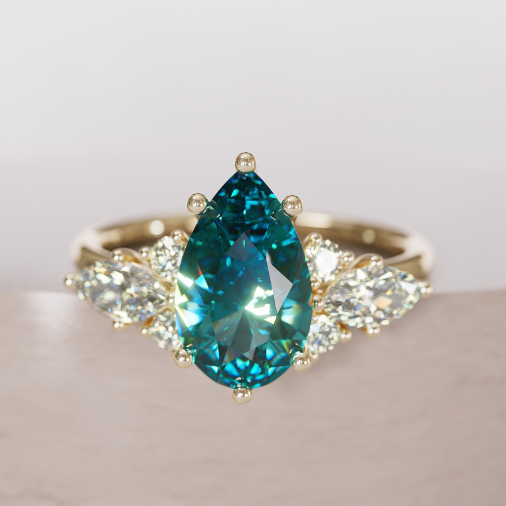 Fantasy Engagement Ring with Pear Shape Teal Sapphire and Diamonds By Valley Rose