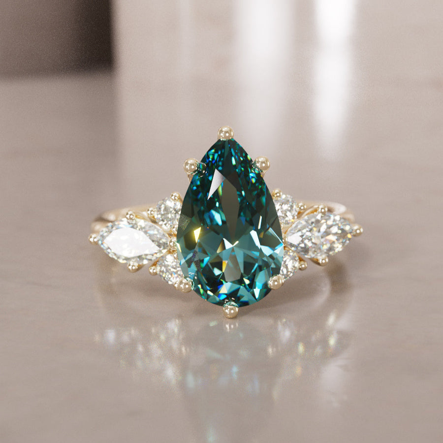 Fantasy Engagement Ring with Pear Shape Teal Sapphire and Diamonds By Valley Rose